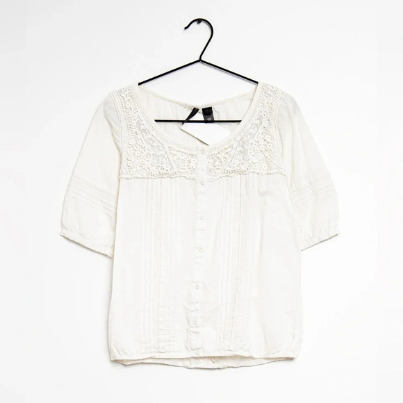 MNG MANGO Cream Linen Embroidered Button Front‎ Top - Picture 1 of 10